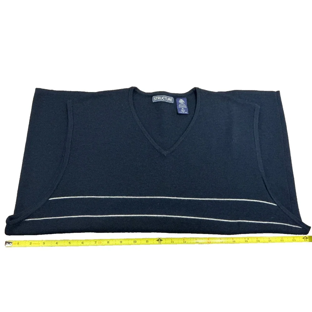 STRUCTURE 100% Merano Wool Sweater Vest Sz XL Navy Blue Classic Preppy 80 90s
